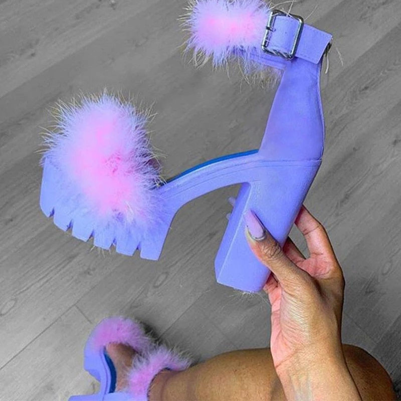 Miniatura: Woman Furry Sandals High Heels with Fur Female Platform Pumps Women Ankle