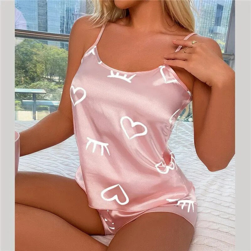 תמונה ממוזערת: Women Ice Silk Pajamas Sleepwear Pajama Set Camisole Shorts L XL XXL Gray Pink