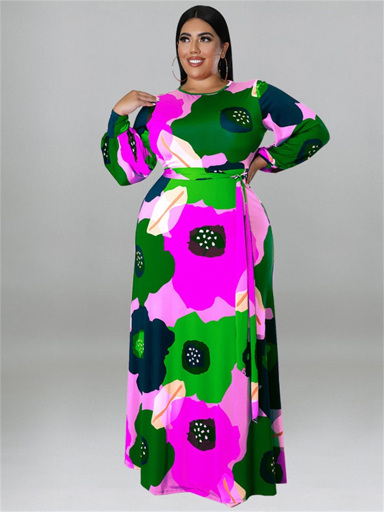 Thumbnail: Wmstar Plus Size Dresses for Women Loose Long Sleeve Flower Print Big Hem Elega