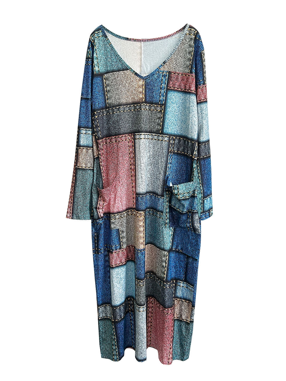 Thumbnail: Plus Size Casual Dress, Women's Plus Denim Print Long Sleeve V Neck Slight Stre