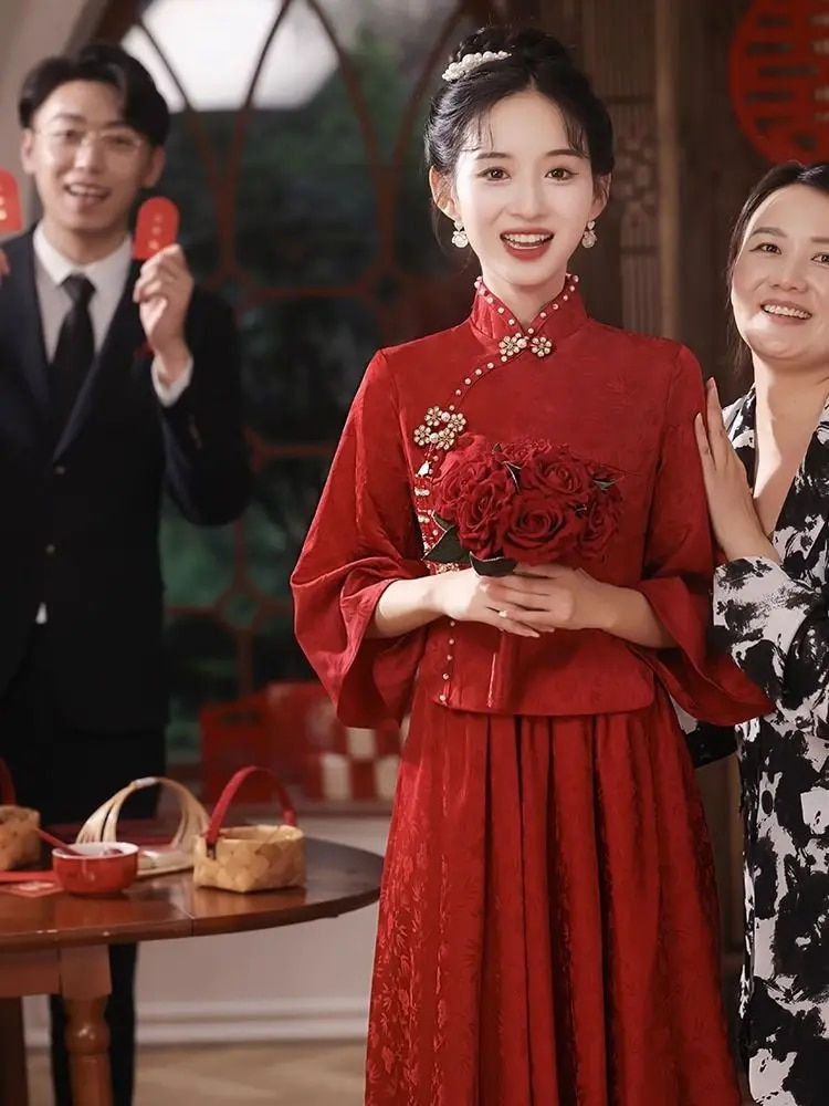 Yourqipao New Chinese Style Improved Red Cheongsam Wedding Toast Dress Bride 20