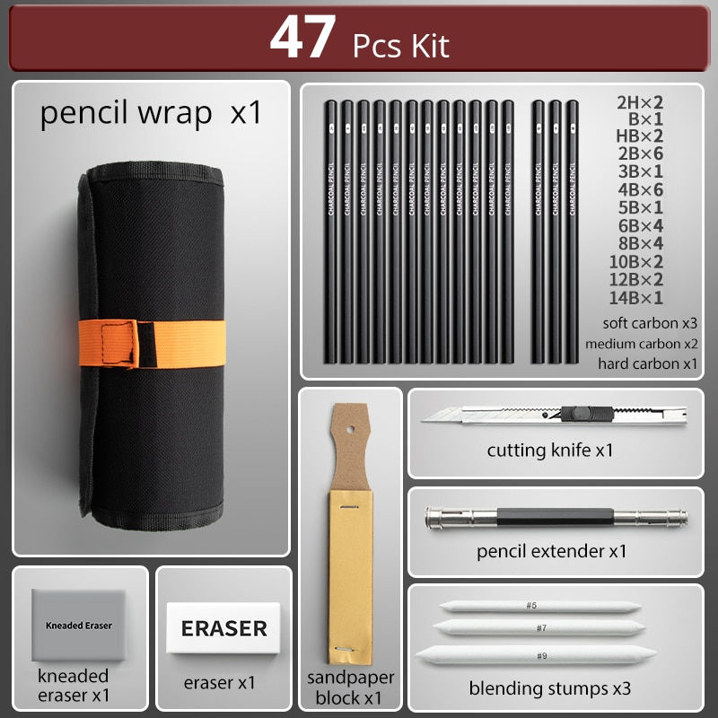 Thumbnail: 27/38/47pcs Sketch Pencils Set Sketching Kit Roll Up Canvas Wrap Bag Drawing Ar