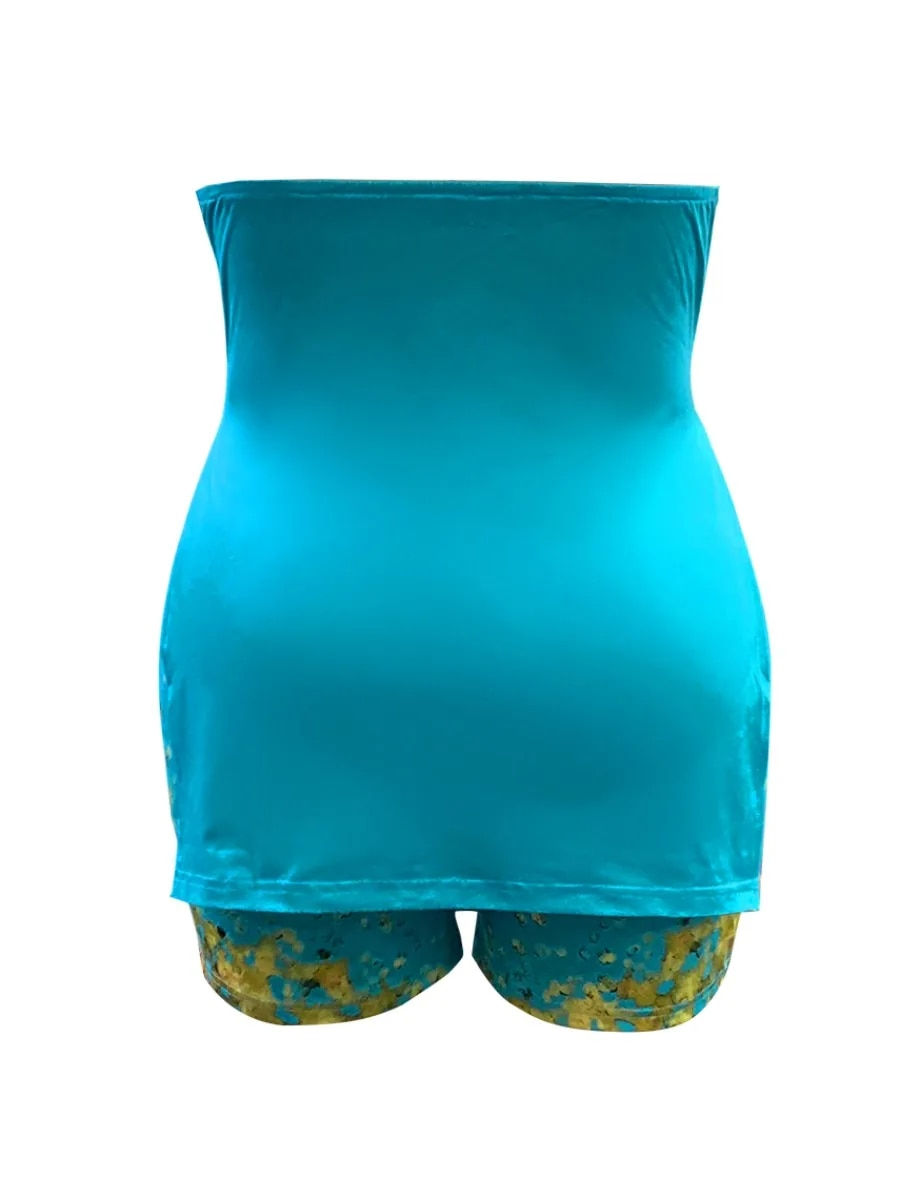 Thumbnail: LW Plus Size Women Off The Shoulder Print Split Shorts Set Summer Sexy T-shirt&