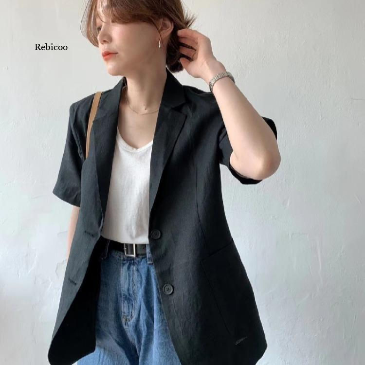 Imej kecil: Women Jackets Korean Cotton Linen Casual Blazer Loose Short Sleeve Suit Blazer