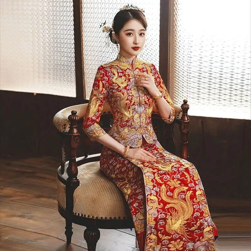 Thumbnail: Red Embroidery Oriental Dragon Phoenix Qipao Women Satin Cheongsam Ancient Trad