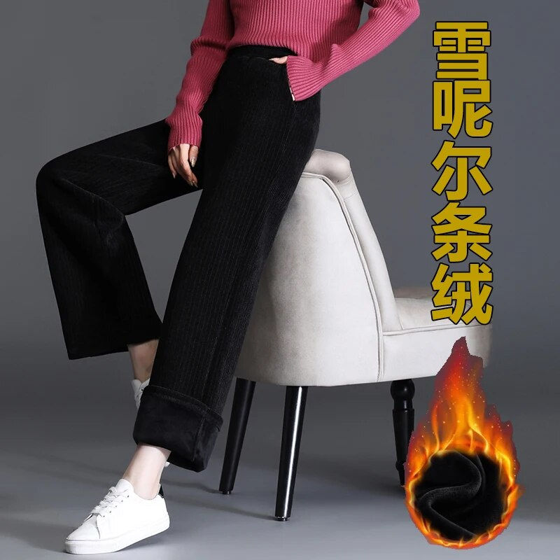 Thumbnail: Plus Size Women Wide Leg Pants Autumn Winter Loose Casual Trousers Thick Warm V