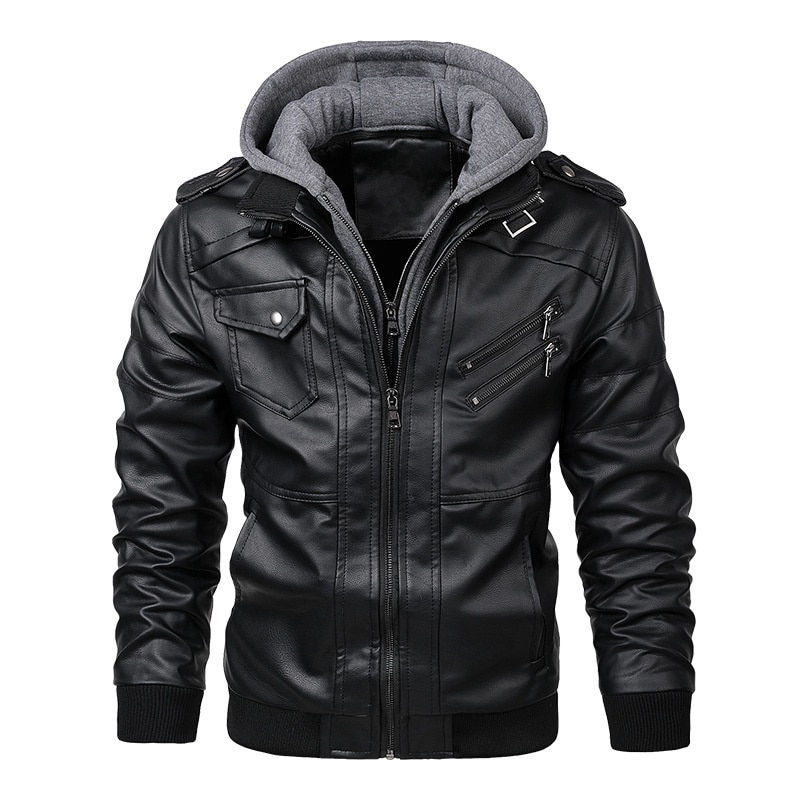Thumbnail: Crocodile brand Hood Mens Leather Jacket Motorcycle Winter Fleece Warm Biker Vi