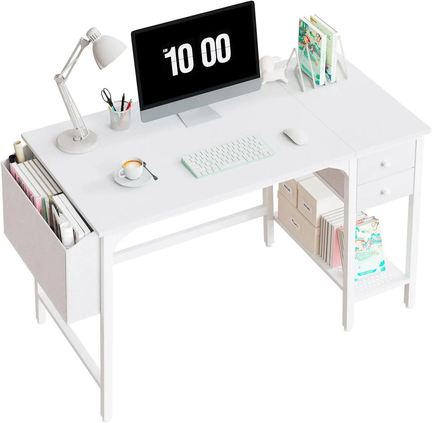 White Small Desk with Drawers 40 Inch Computer Desk for Small Space Home Office