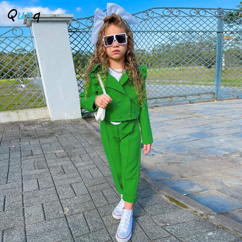 Qunq Girls Autumn New Solid Puffed Sleeves Peplum Long Sleeves Top + Pants