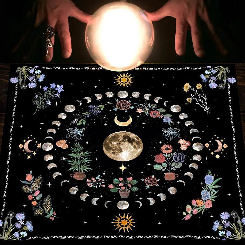 Thumbnail: Botanical Moon Flower Tarot Tablecloth Triple Moon Altar Cloth Alter Cloth for