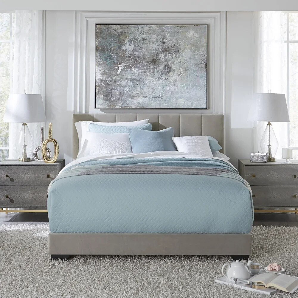 Reece Channel Stitched Upholstered Queen Bed, Platinum Grey, By Hillsdale Livin