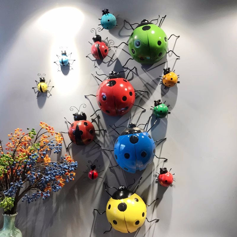 Thumbnail: 3D Metal Ladybugs Wall Mounted Decor Garden Creative Cute Insect Sculptures Out
