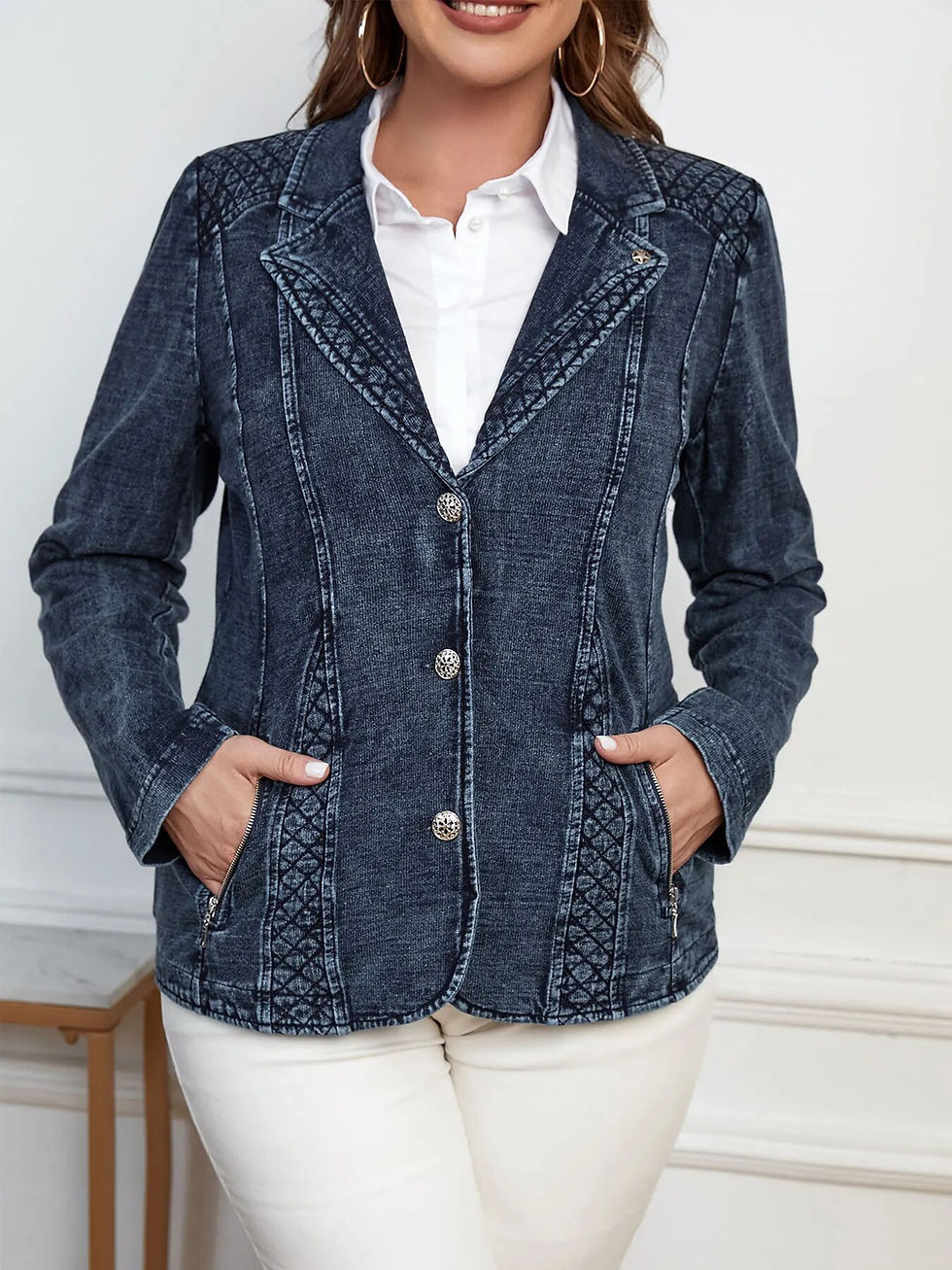 Thumbnail: LIH HUA Women's Plus Size Denim Suit Autumn Chic Elegant Suit For Chubby Women