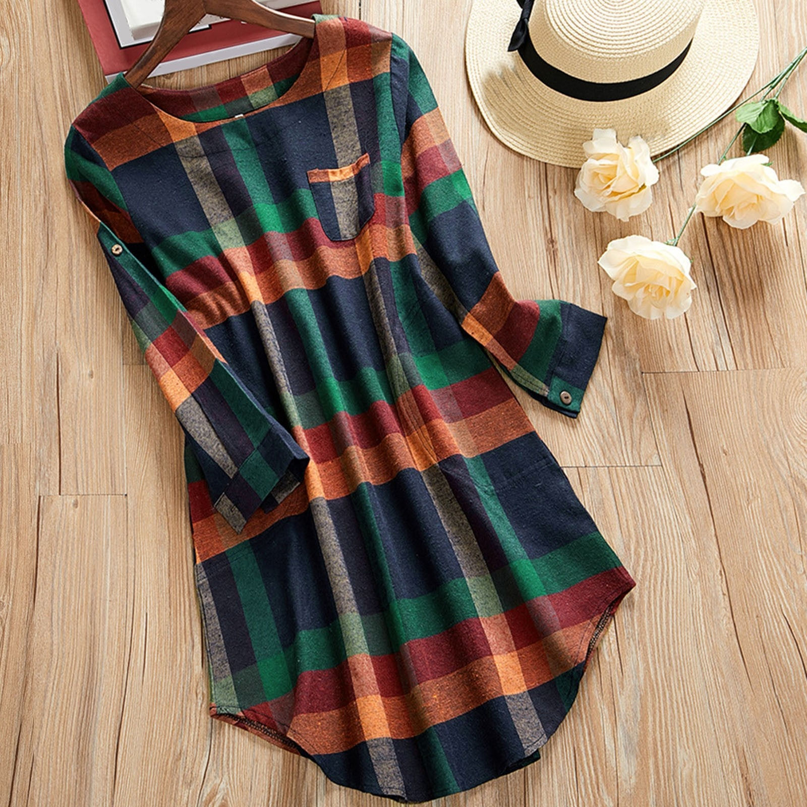Pretty Cheap Dress For Women Plus Size Casual Long Sleeve Loose Plaid Prints Sh