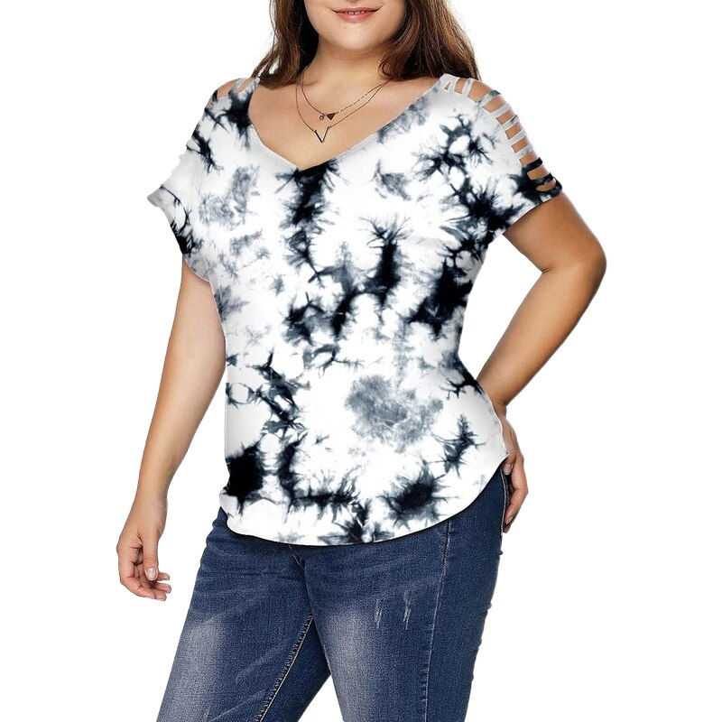Miniatura: Summer Women's Plus Size Clothing V-neck Hollow Out Short Sleeve Tunic Tops Pri