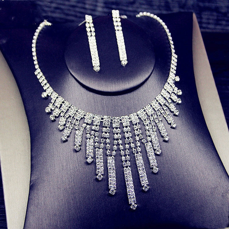 Miniatura: FYUAN Shine Geometric Rhinestone Necklace Earrings For Women Long Tassel