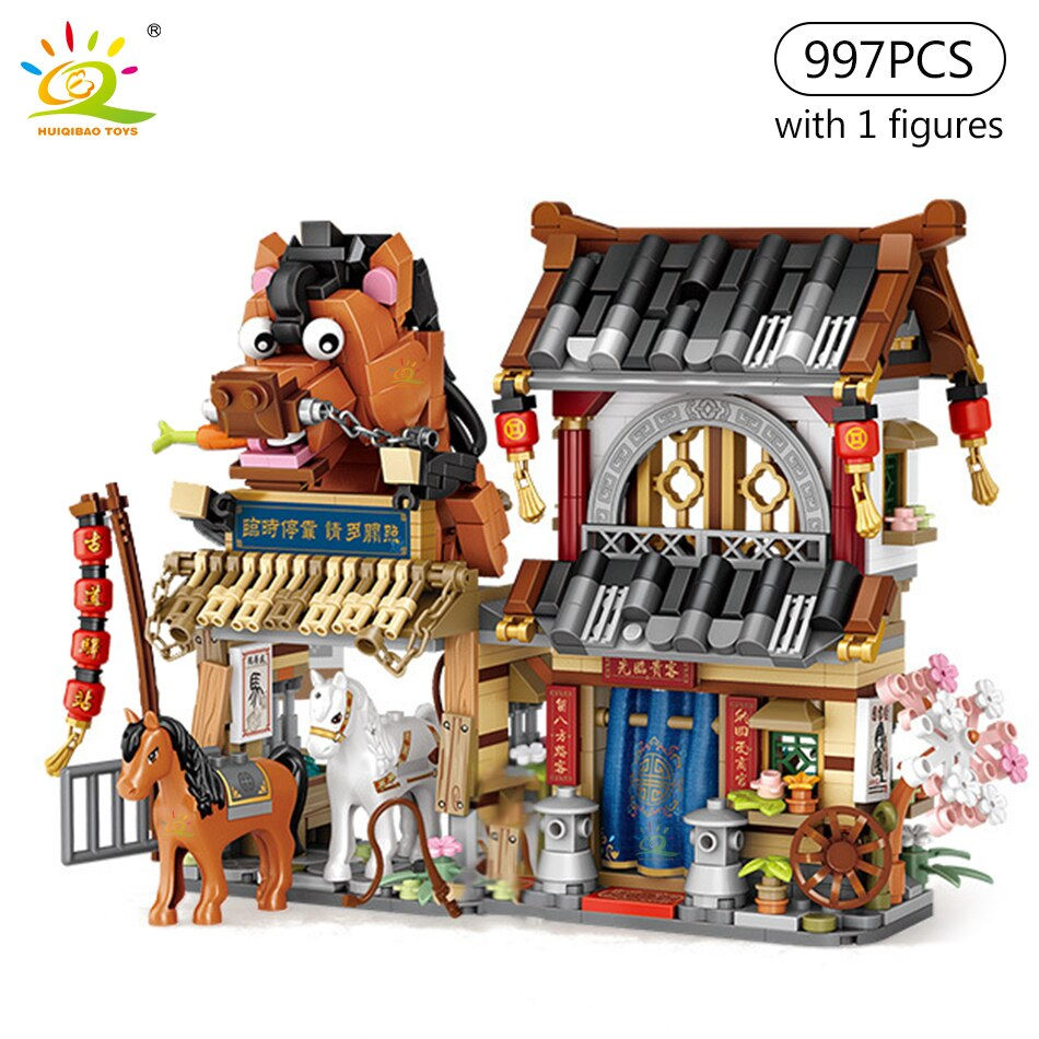 Thumbnail: HUIQIBAO City Mini Chinese Street View Grocery Store Meat Shop Building Blocks