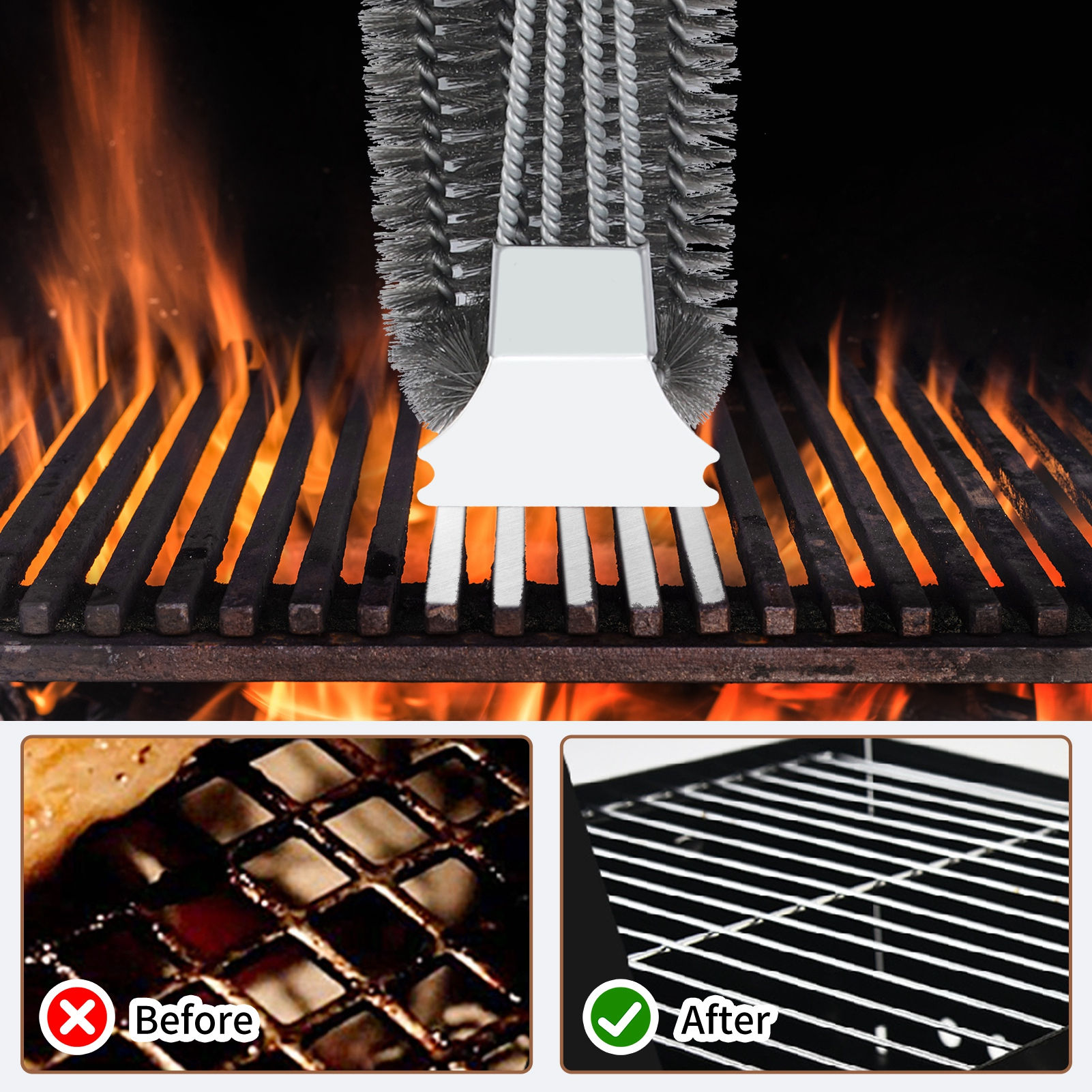 Stainless Steel Grill Brush with Scraper, 19 in Grill Brush for Outdoor Grill,