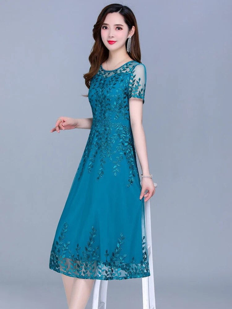 Thumbnail: Blue Casual Plus Size Mesh Korean Long Dress Summer Women 2023 New Tunics Midi