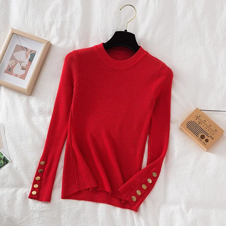 Μικρογραφία: Thick Sweater Long Sleeve Pullover Autumn Winter Clothes Button O Neck Sweater 