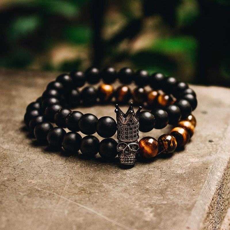 Thumbnail: Stone Beads Bracelet Men Accessories Crown Braclets Handmade 2 Piece Set