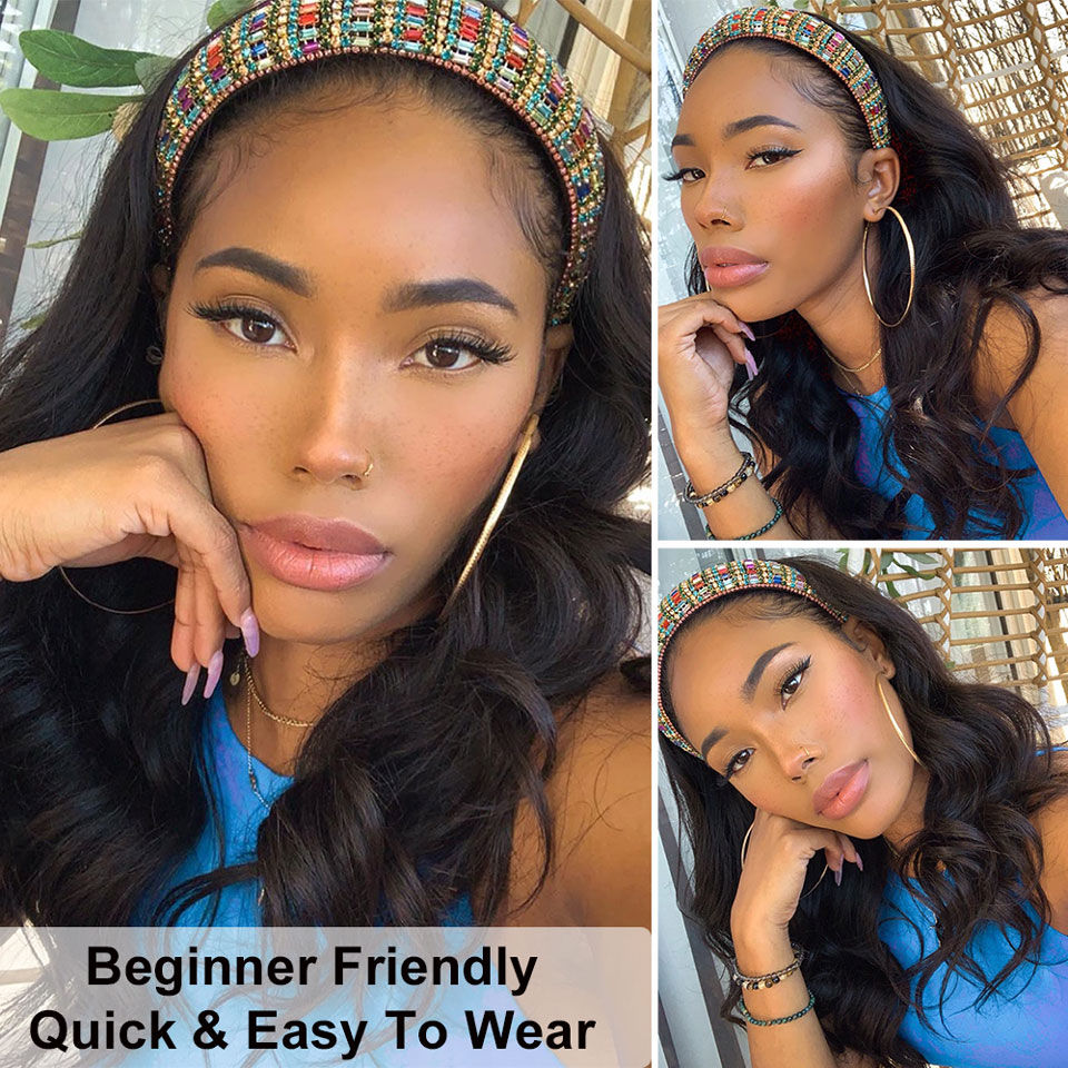 Thumbnail: SVT Headband Wig Human Hair Scarf Wig 180% Density Remy Brazilian Body Wave Wig