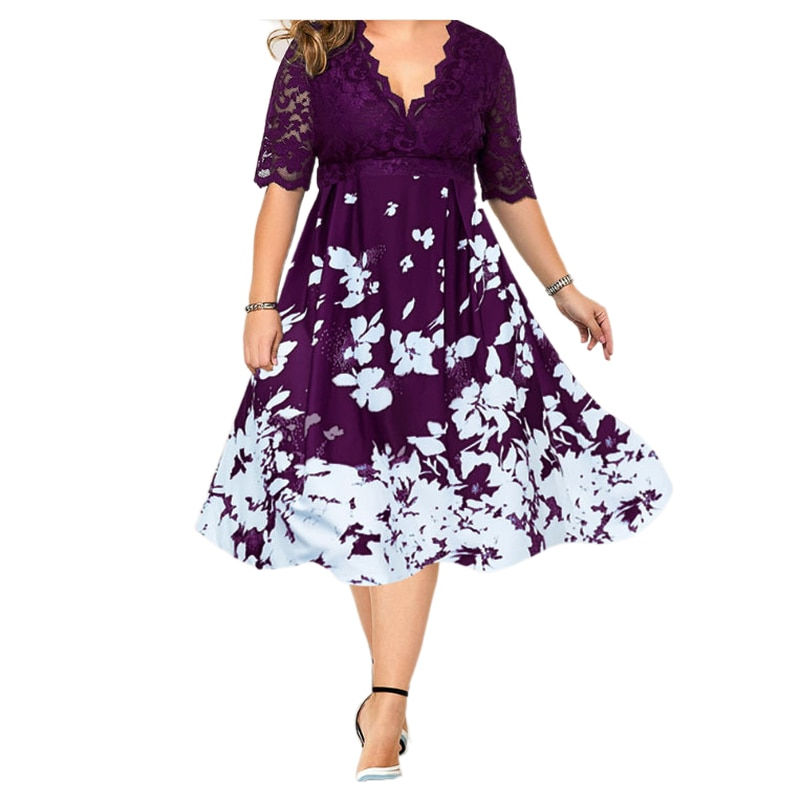 Thumbnail: Plus Size Curve Women Patchwork Floral Sundress Summer Knee Length Dress Elegan