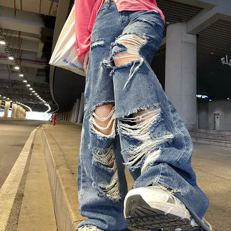 Thumbnail: Straight Pants Ladies Ripped Jeans High Waist Loose Wide Leg Pants Ladies