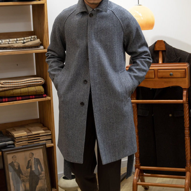Thumbnail: Japanese Leisure Mid-length Coat Herringbone Wool Slim Fit
