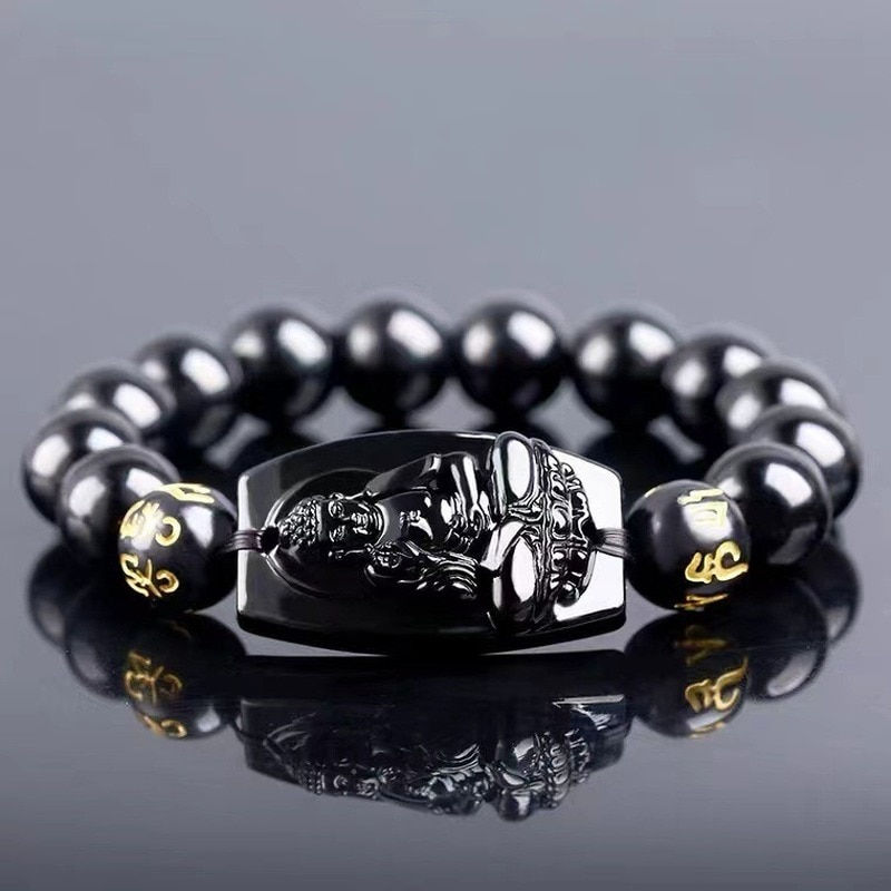 Thumbnail: Obsidian Stone Black Beads Bracelet Engraved Buddhist Patron Saint Lucky