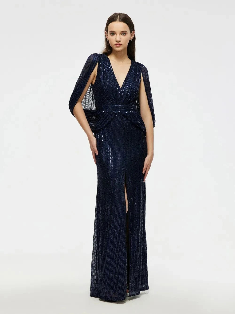 Puff Sleeve Vestido De Novias Navy Elegant Deep V Neck Mermaid Prom Gowns Sequi