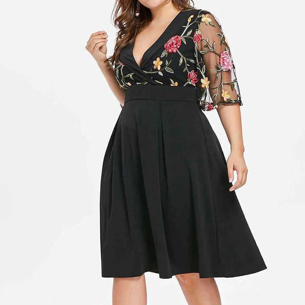 Thumbnail: Summer Women's Dress Plus Size Casual Floral Short Sleeve Plus Size Solid Appli