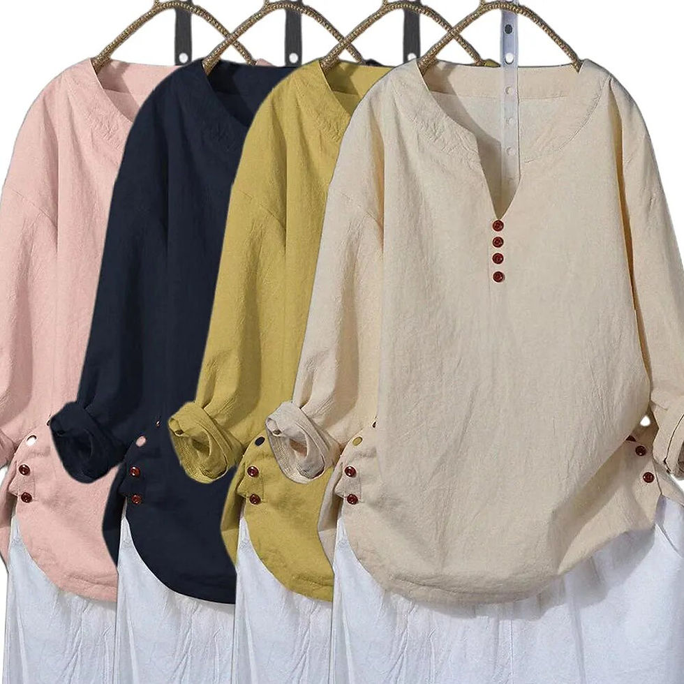 Thumbnail: Women Solid Cotton Linen Baggy Tunic Tops Ladies Long Sleeve Plain V Neck Butto