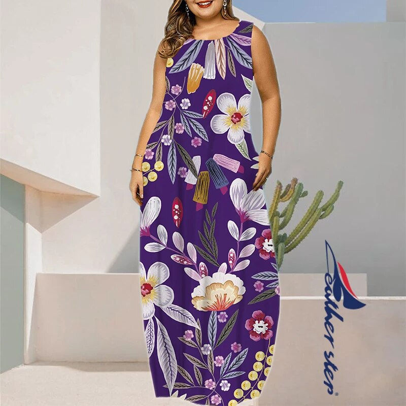 Thumbnail: Plus Size Women Bohemian Printed Maxi Dress Elegant Sleeveless Robe Longue Summ