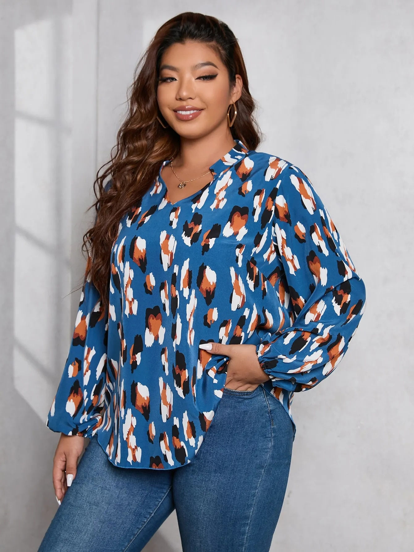 Finjani Plus Size Women Blouse Allover Floral Print Flounce Sleeve Top Casual V