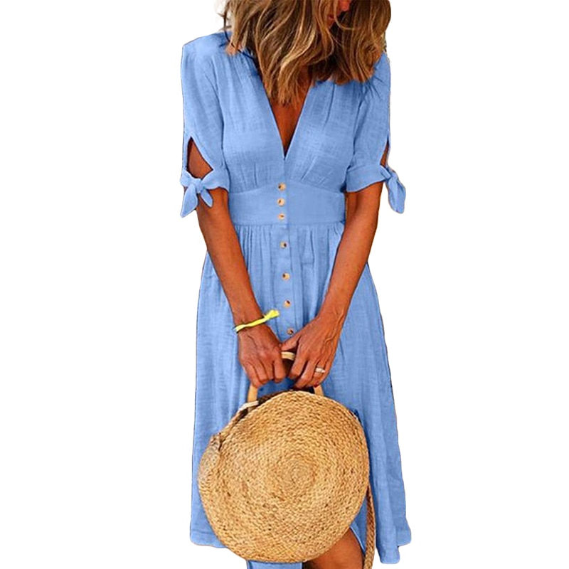 Fashion Solid Button Shirt Dress Women Casual Half-sleeve Lace-up V-neck Dress