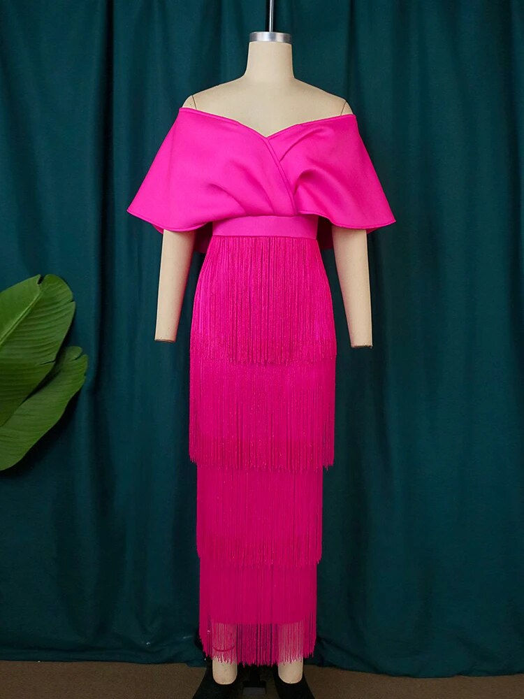 Thumbnail: Plus Size Tassel Dresses for Women 2023 V Neck Off Shoulder Fringe Occassion Ev