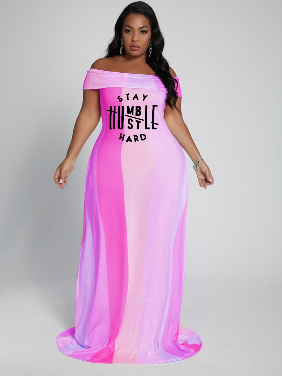 Thumbnail: Perl Plus Size Letter Off The Shoulder Long Dress for Women Casual Contrasting