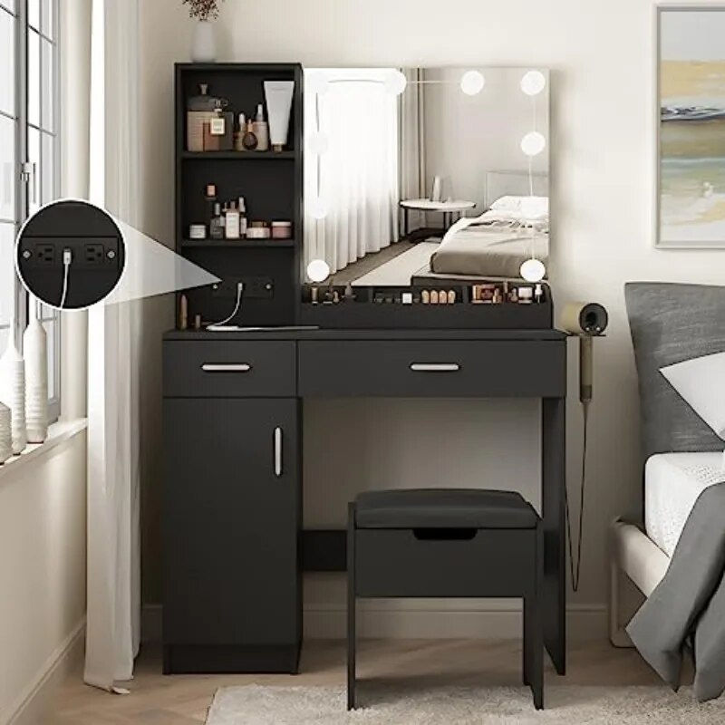 Fameill White Vanity Desk with Mirror and Lights,Makeup Vanity with 2 Drawers L