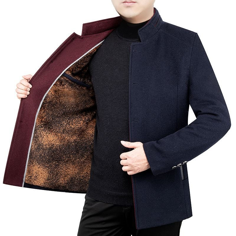 Thumbnail: Middle-aged Men's Woolen Coat Velvet Stand Collar Dad Wear Autumn And Winter Fl