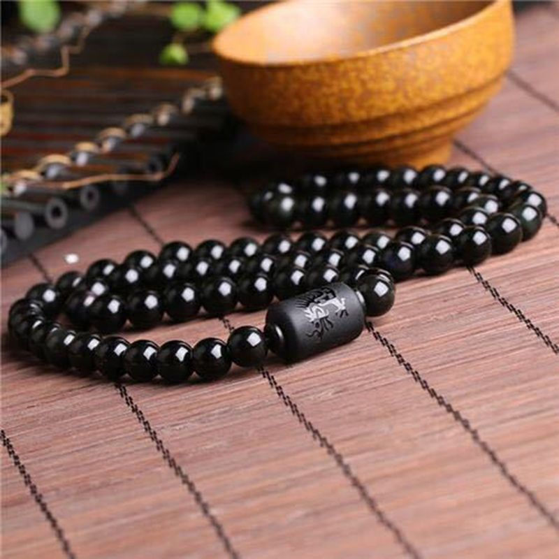 Thumbnail: Black Obsidian Bracelet Buddhist Prayer Blessing Blackstone Healing Stone Ball