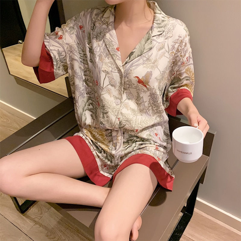 2 Piece Women Set Spring Summer Short Sleeve Pajamas for Woman Silk