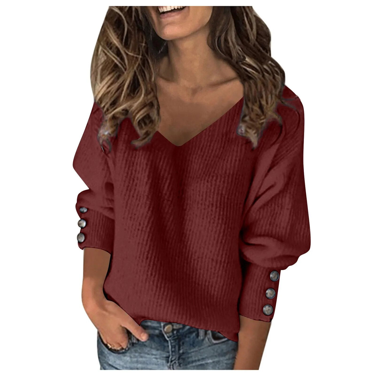 Plus Size Women's Solid Color Wild Knitted Sexy V-neck Loose Long-sleeved Sweat