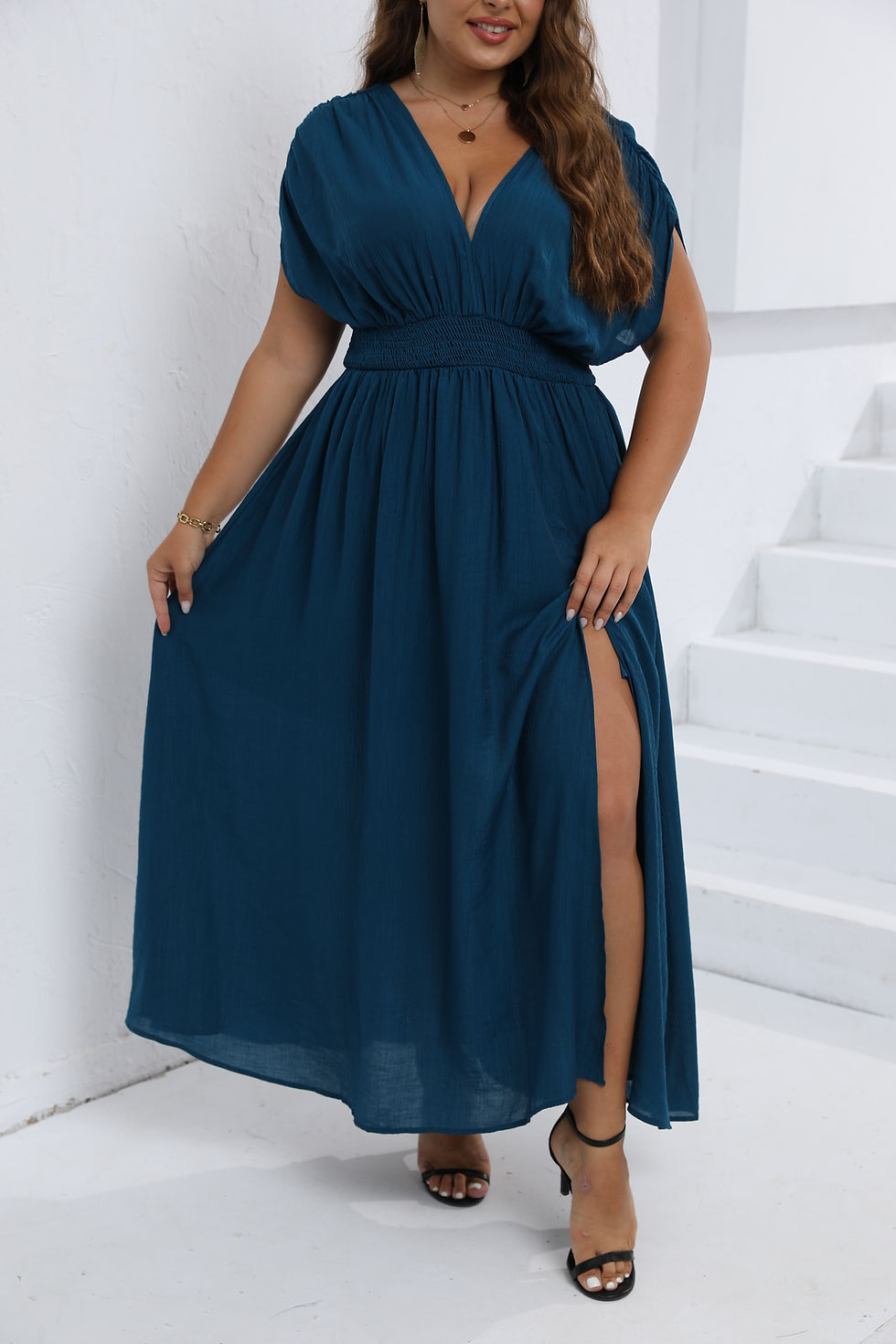 थंबनेल: Europe and the United States  summer solid color V-neck elastic waist slimming