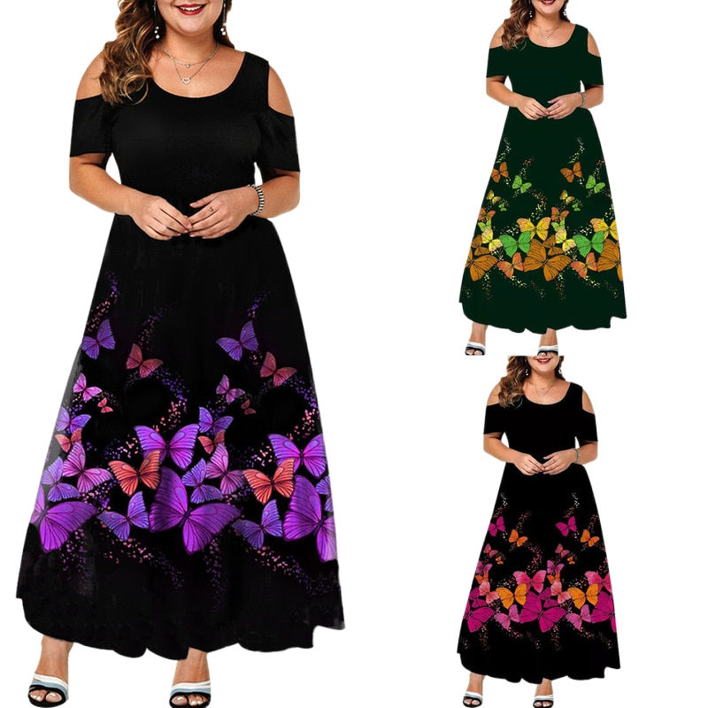 Küçük resim: Plus Size Floral Print Cold Shoulder Maxi Dress Bohemian Dress 2022 Women Holid