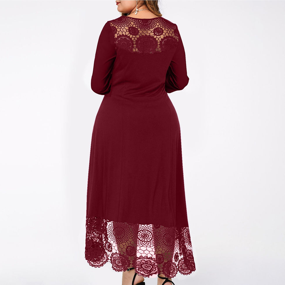 Thumbnail: 5XL Women Plus Size Casual Solid Lace Round Neck Dress Long Sleeve Irregular La