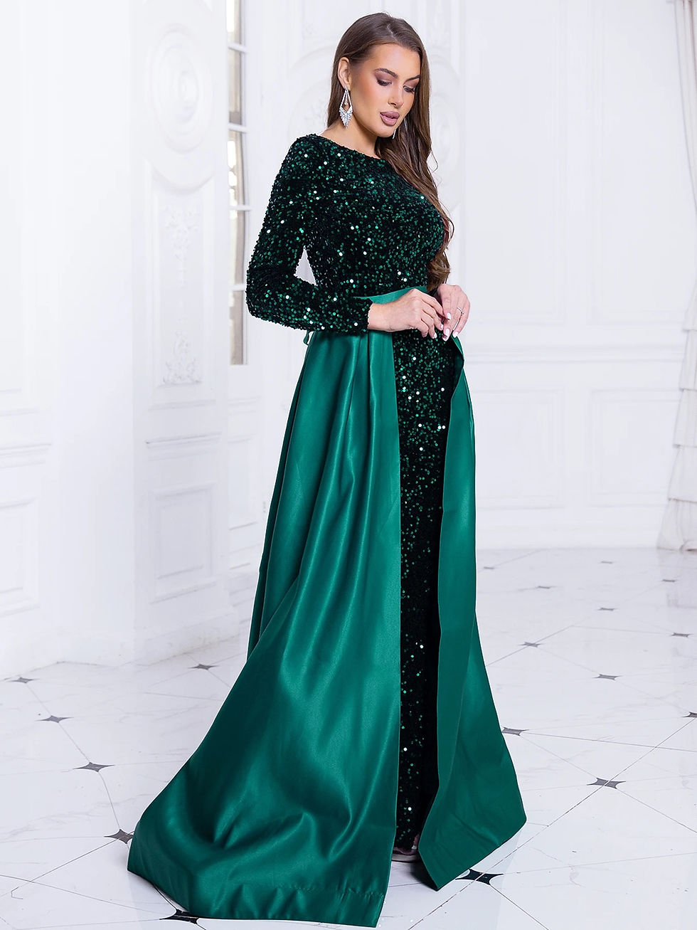 Thumbnail: Romagic Modest Stretch Sequin Full Sleeve Evening Party Gown Mermaid Formal Pro