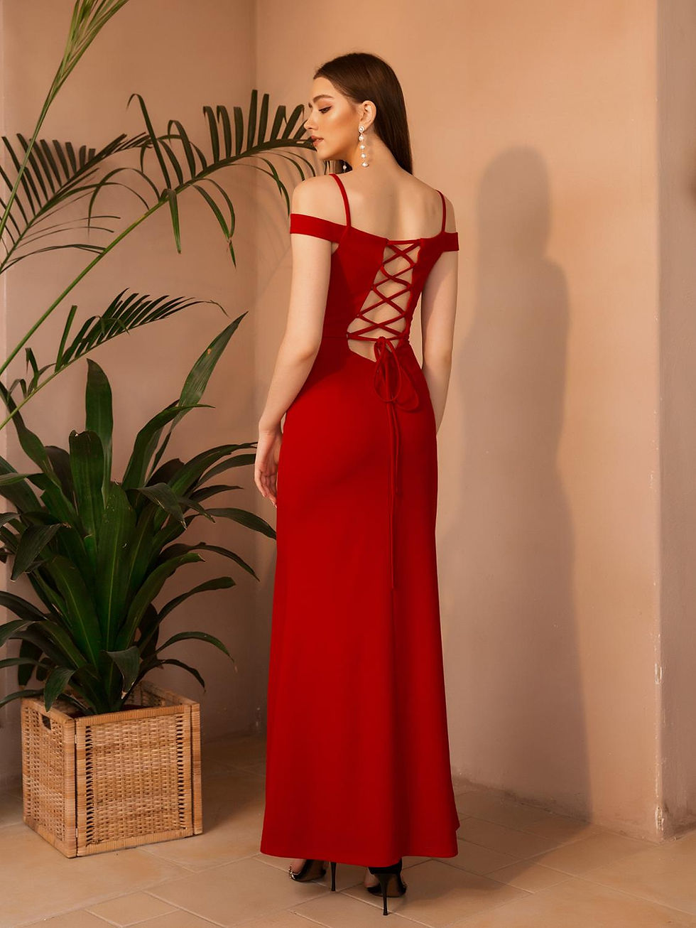 Thumbnail: Angel-fashions Off Shoulder Lace Up Slit Lace Evening Dress Red Wedding Party
