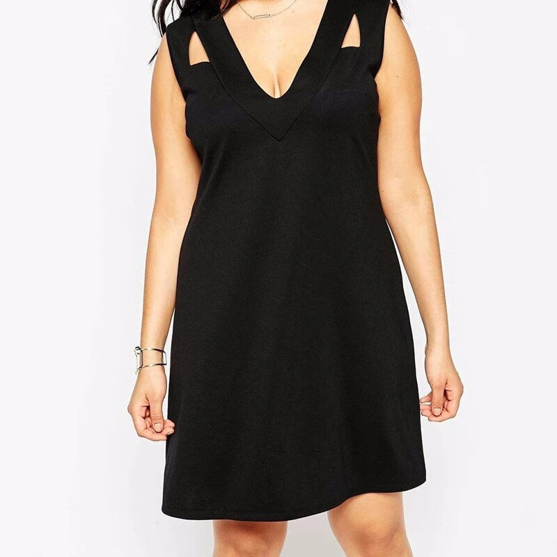 Thumbnail: Plus Size Sexy V-neck Straight Dress Black Sleeveless Keyhole Front Casual Stre