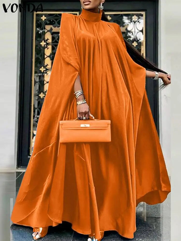 Thumbnail: Plus Size 5XL VONDA 2023 Women Stand Collar Elegant Satin Dress Long Bat Sleeve